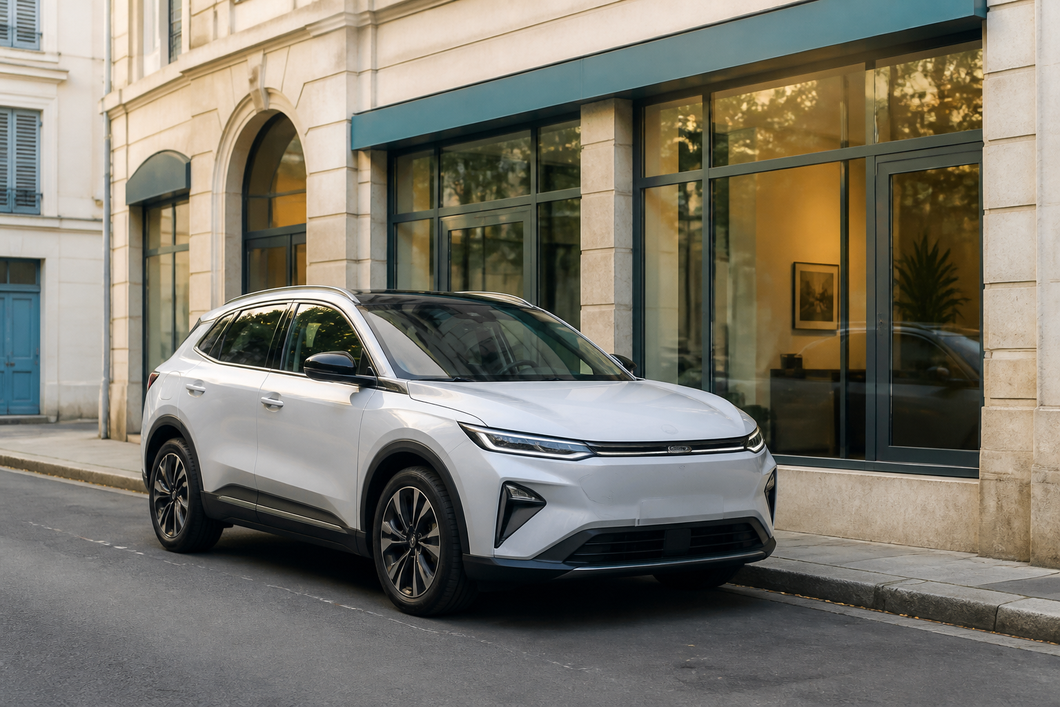 Voiture neuve en LOA devant une agence Crédit Agricole