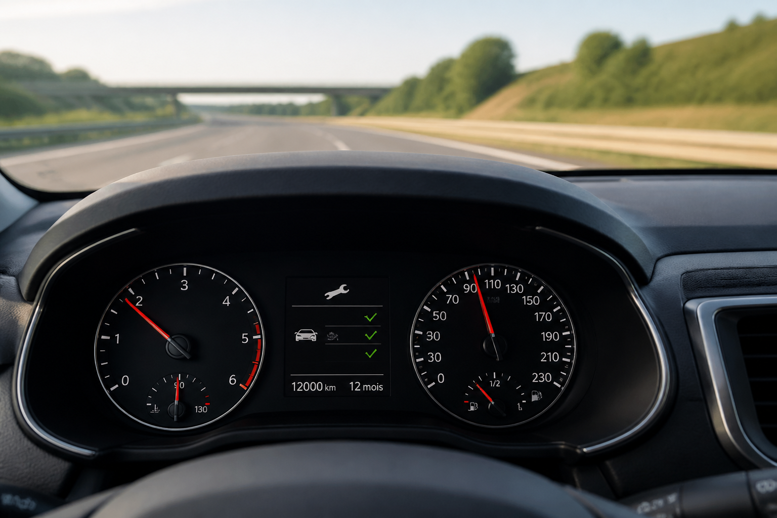 Tableau de bord d'une voiture illustrant le suivi kilométrique et l'entretien