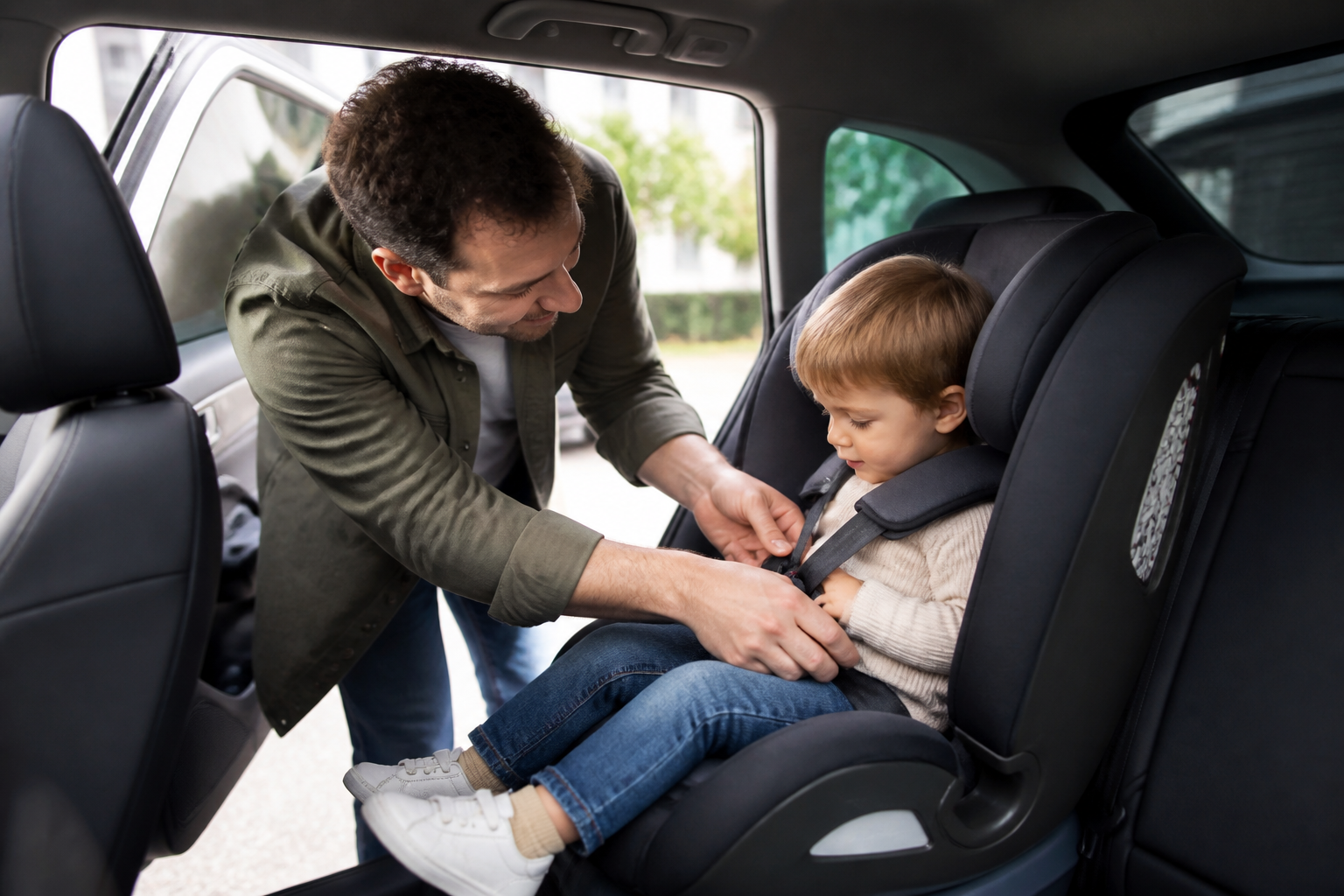 Parent installant un enfant dans un siège auto conforme
