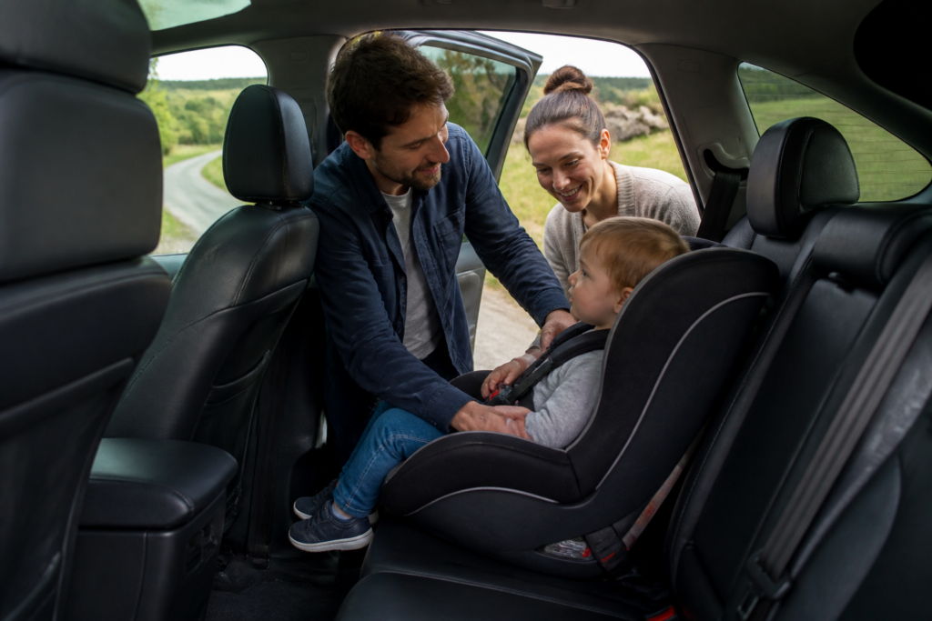 Famille installant un siège auto dans une voiture
