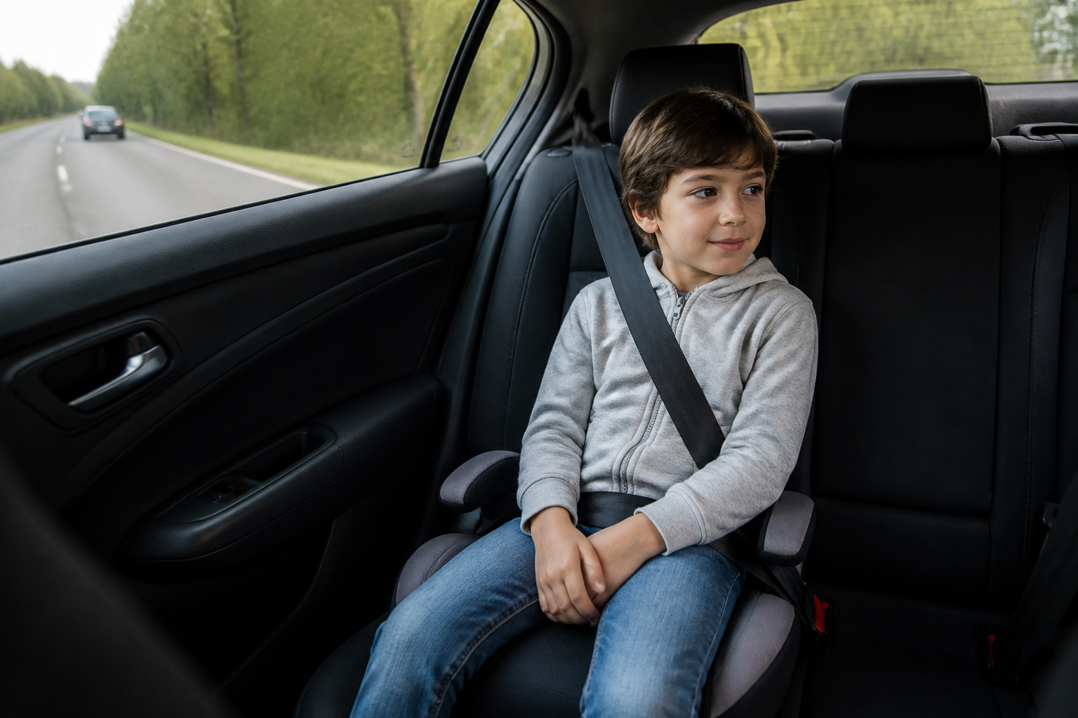 Enfant en réhausseur avec ceinture bien ajustée