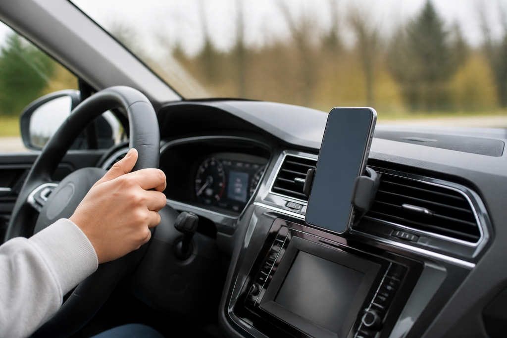 Support téléphone voiture fixé sur grille d'aération avec smartphone