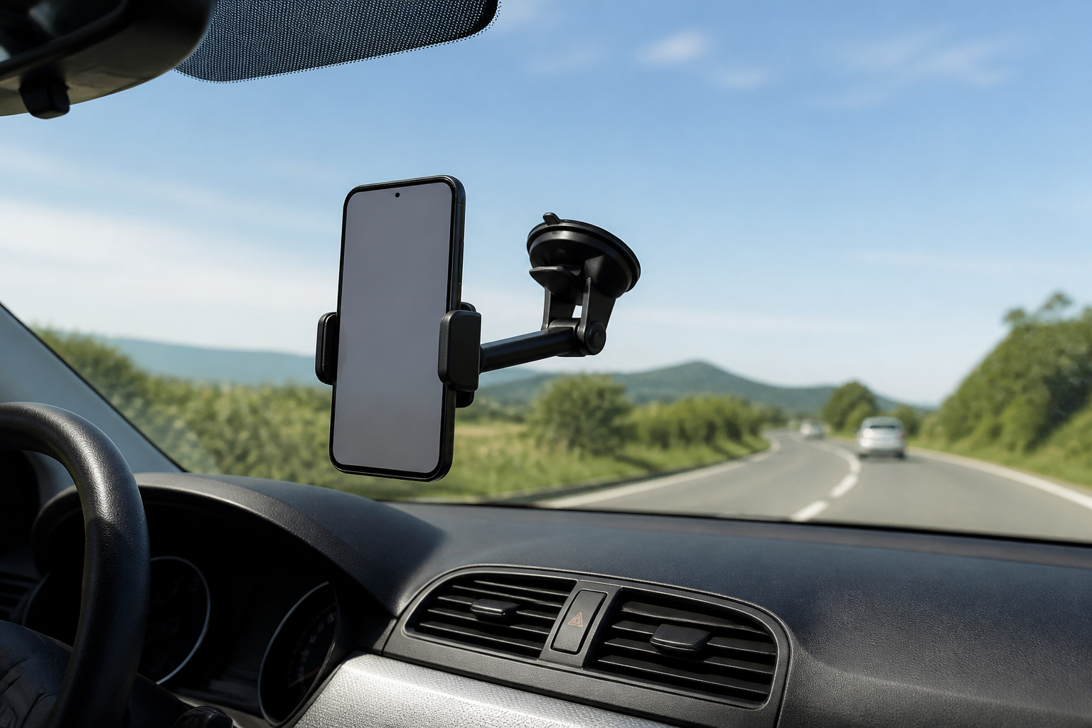 Support téléphone à ventouse fixé sur pare-brise voiture