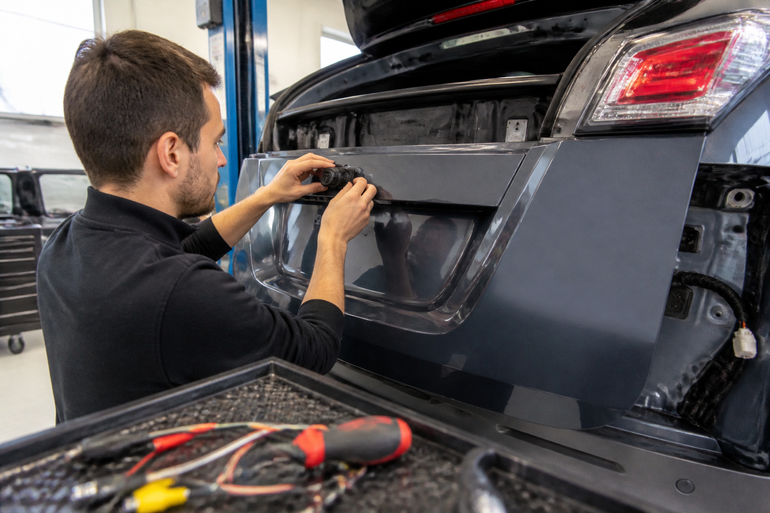 Installation professionnelle d'une caméra de recul dans un atelier automobile