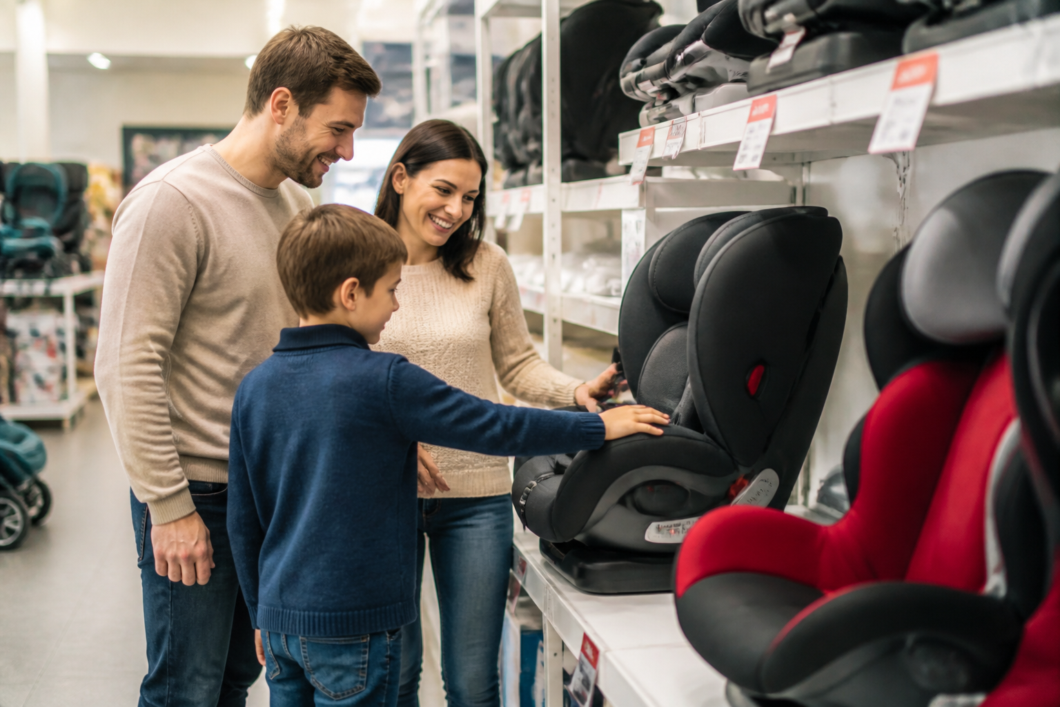 Famille en magasin choisissant un siège auto en promotion