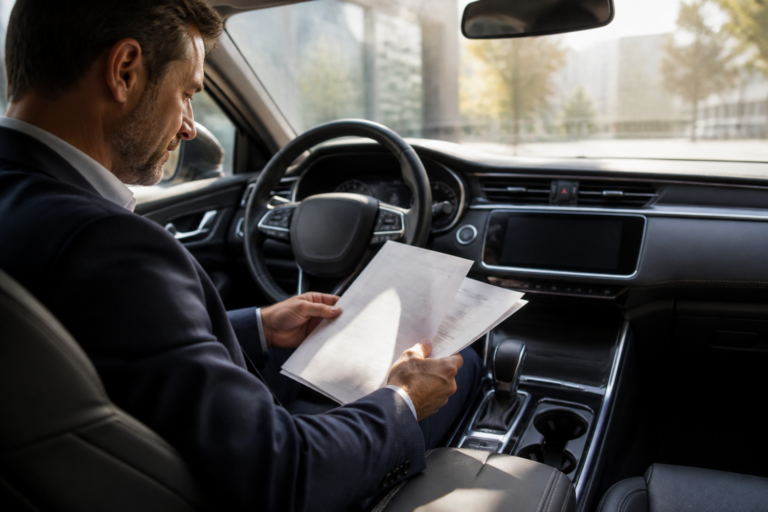 Tableau de bord de voiture moderne avec conducteur préparant un dossier