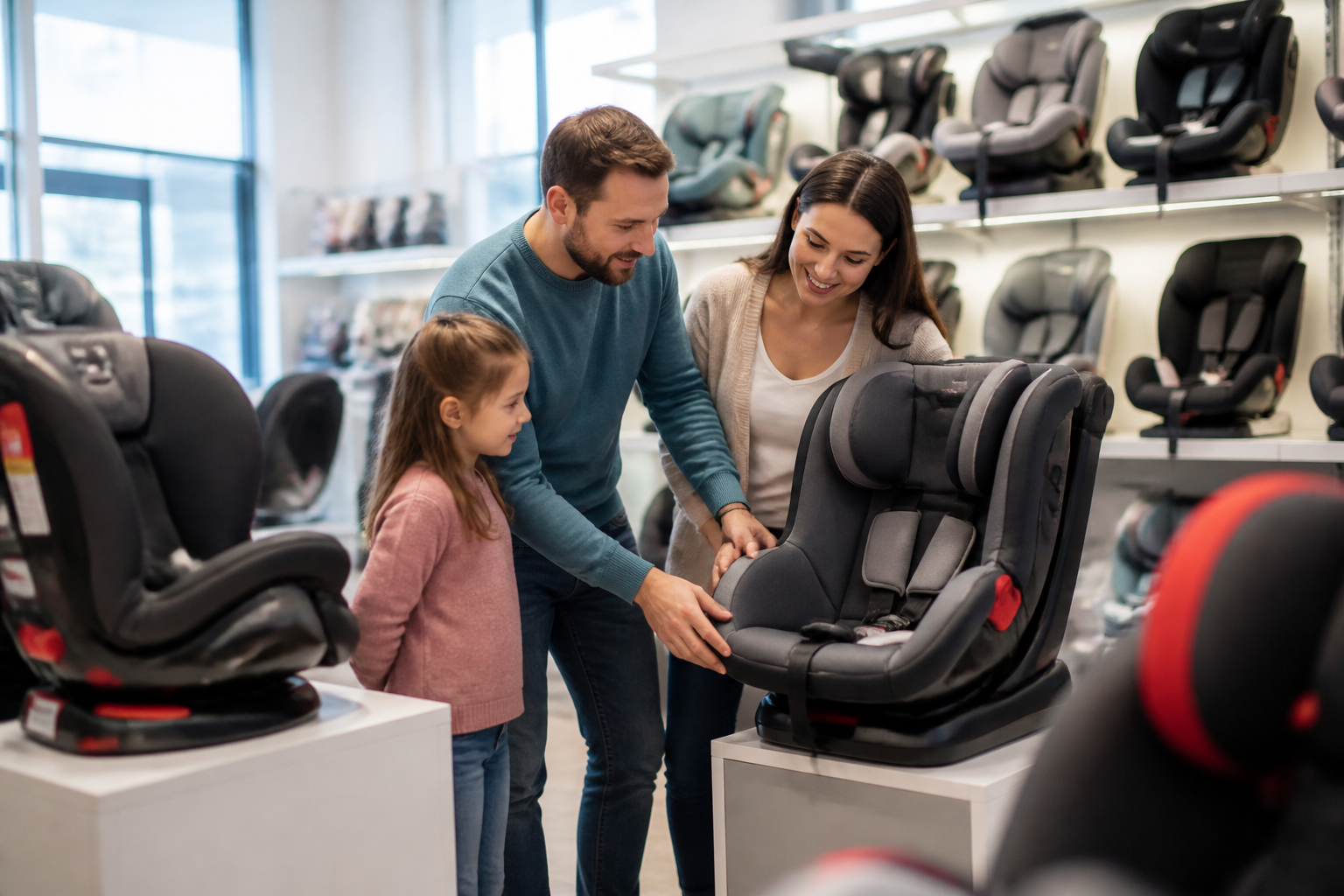 Famille choisissant un siège auto en magasin pendant les soldes