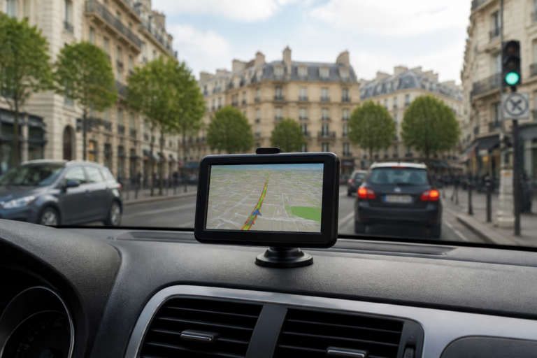 GPS voiture moderne fixé sur tableau de bord