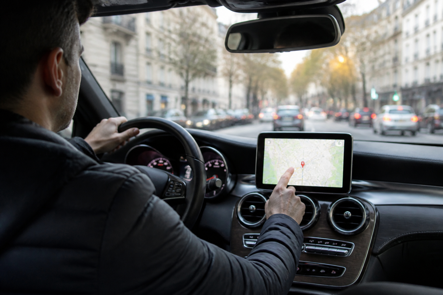 Conducteur utilisant un GPS voiture en trajet