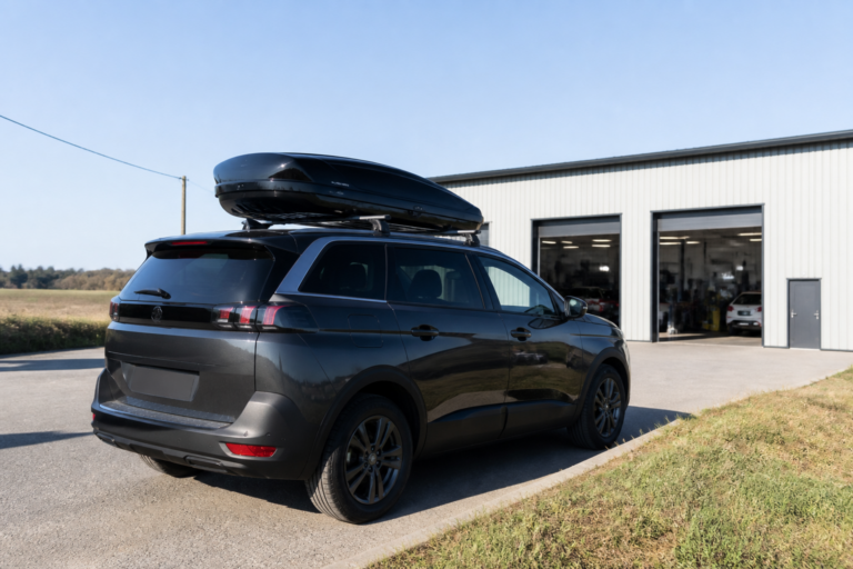 Peugeot 5008 avec coffre de toit rigide noir sur route française