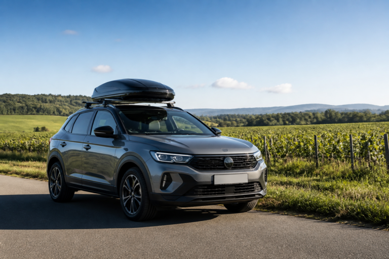 Voiture avec coffre de toit en location sur une route française