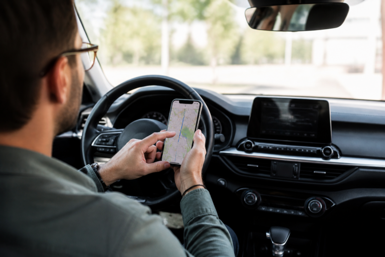 Conducteur utilisant Google Maps sur smartphone pour un itinéraire en voiture