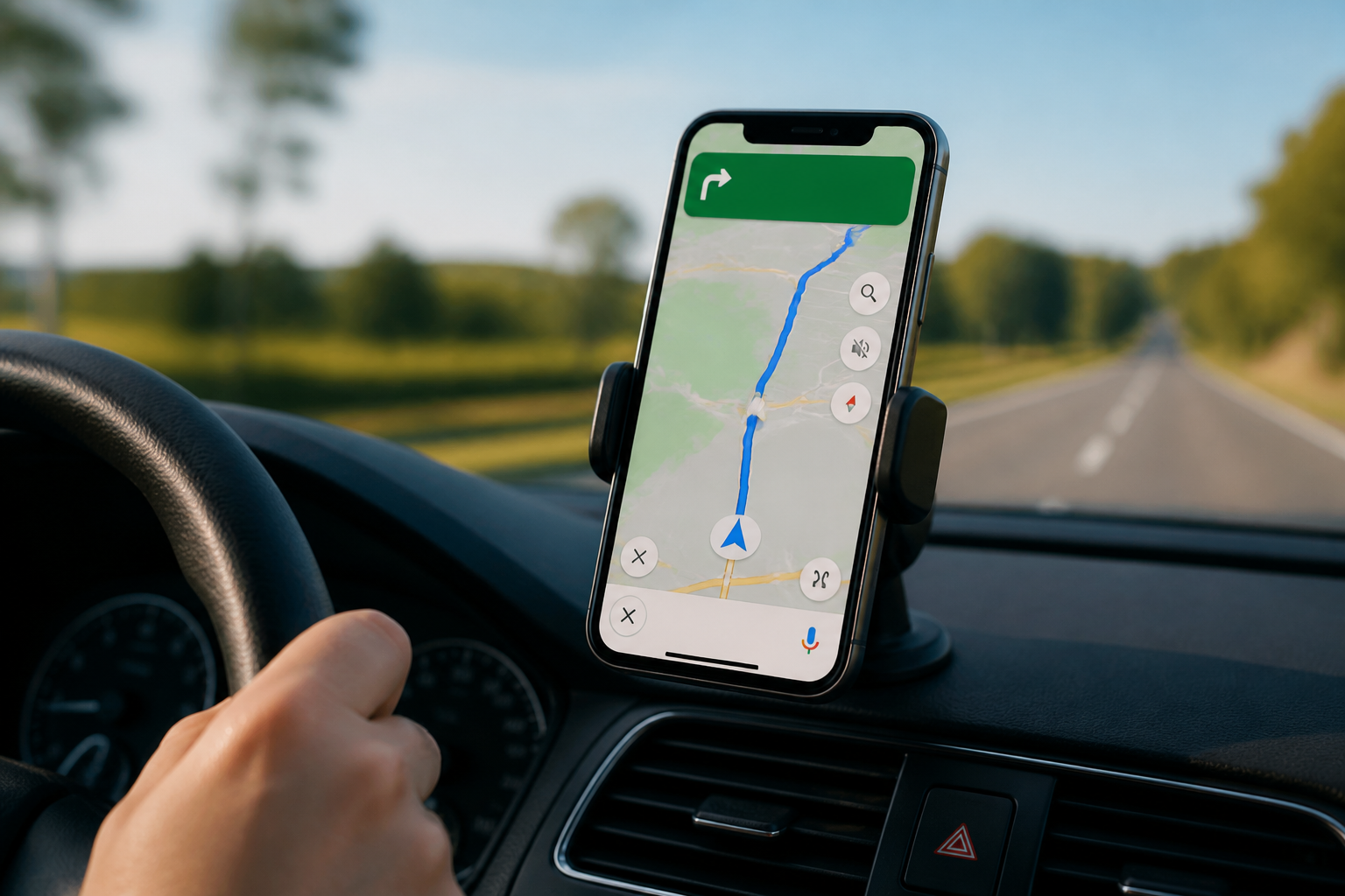 Itinéraire Google Maps affiché sur smartphone en voiture