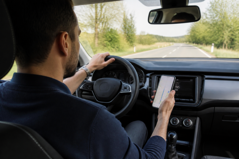 Conducteur utilisant une application GPS gratuite sur smartphone en voiture