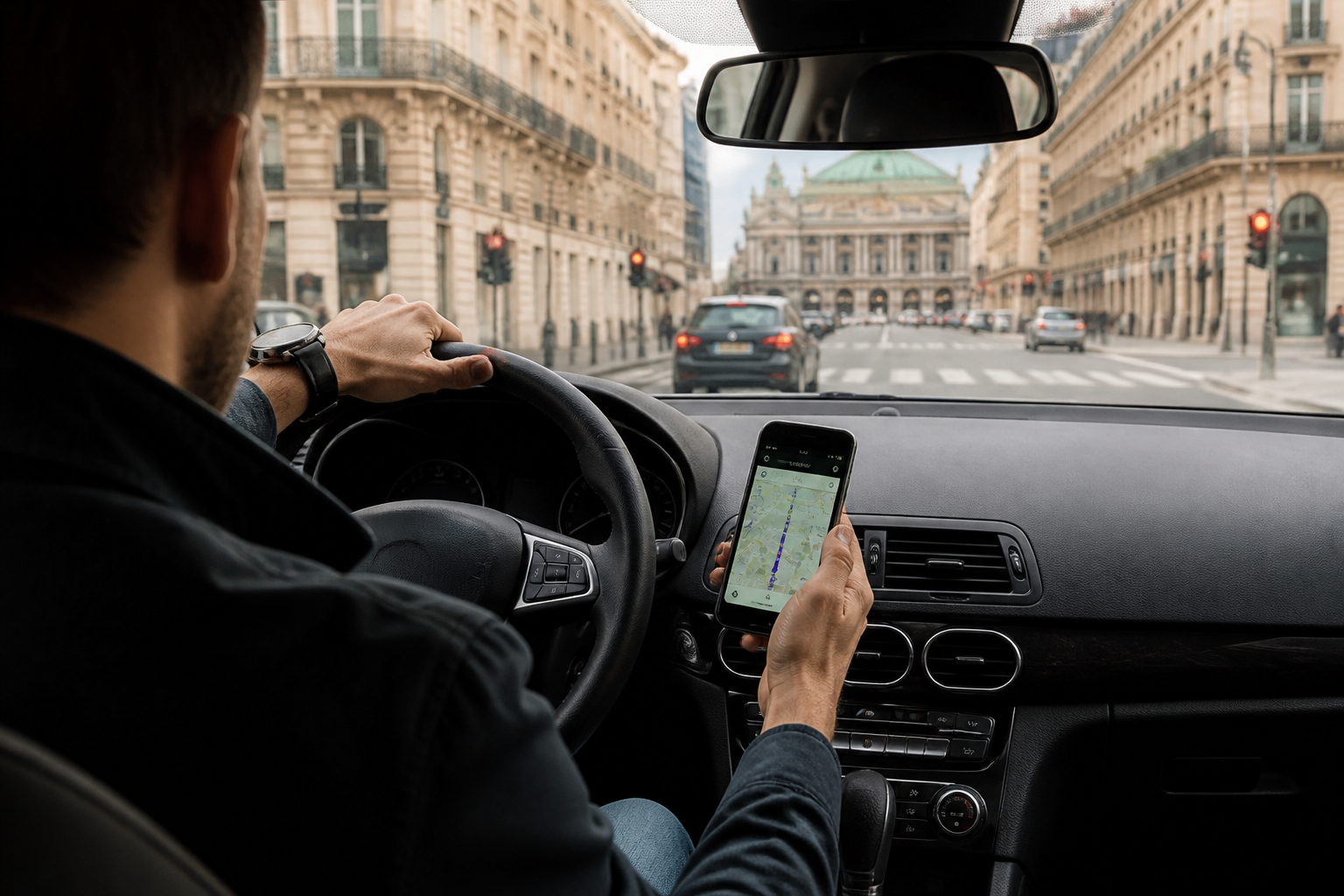 Consultation de l'application Waze en voiture