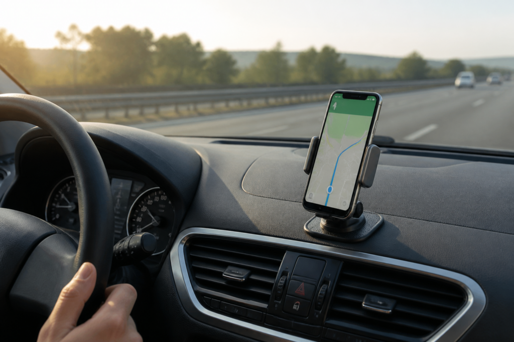 Support téléphone fixé sur tableau de bord d'une voiture