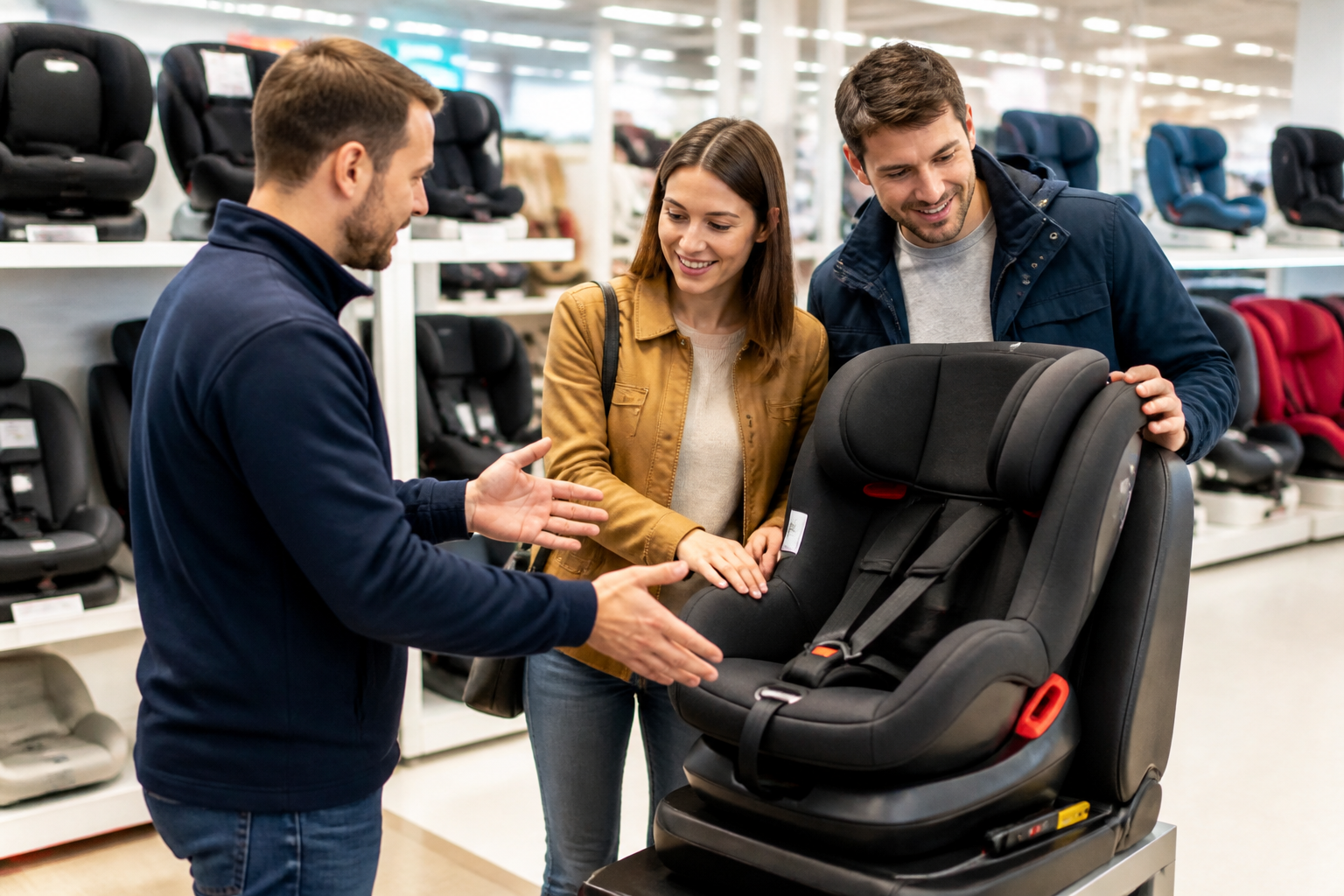 Famille testant un siège auto bébé en magasin Auchan